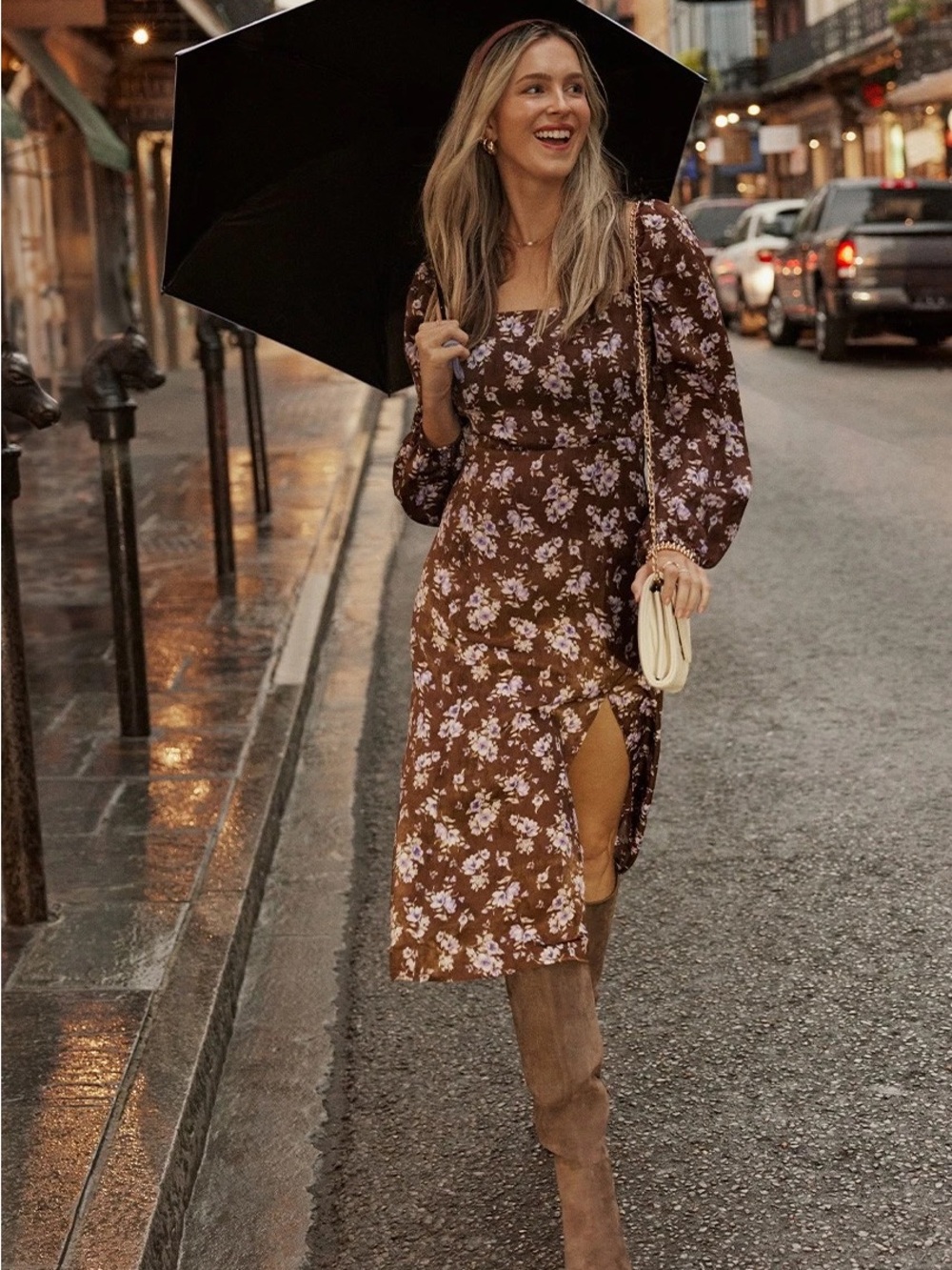 Brown Floral Square-Neck Midi Dress with Long Sleeves